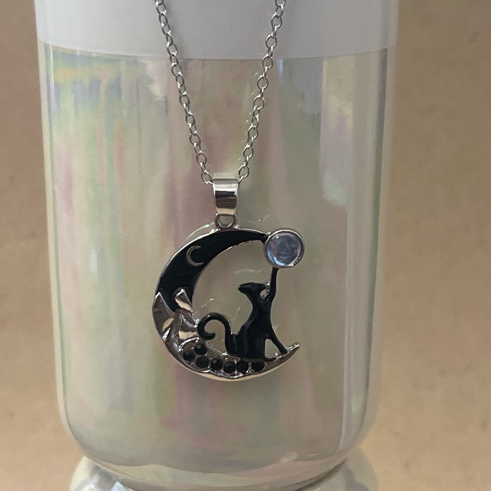 Moon & Cat Pendant Necklace with Blue Gem